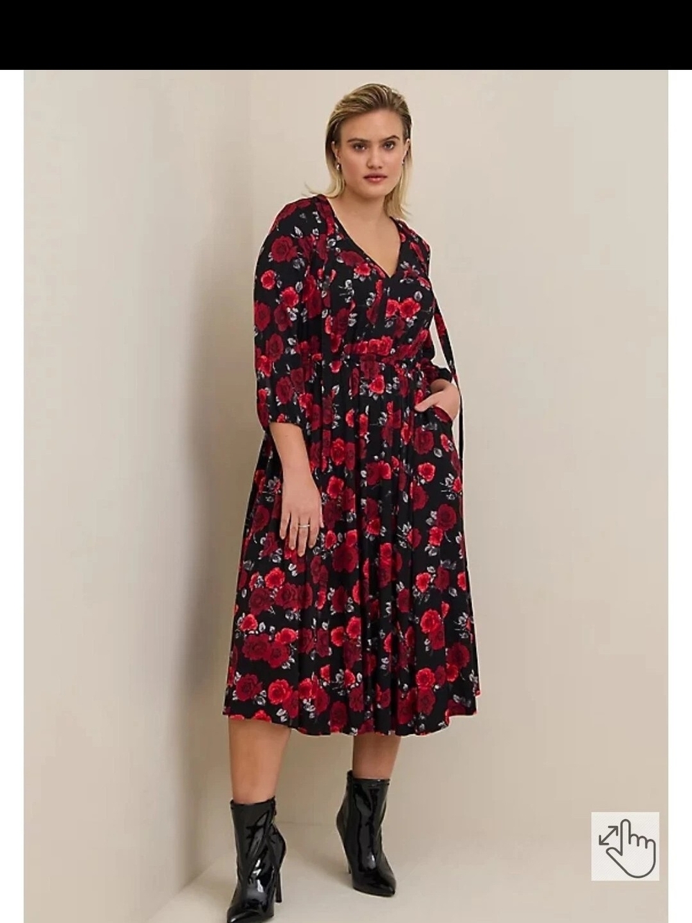 Torrid Black Red Floral V-Neck Midi Dress